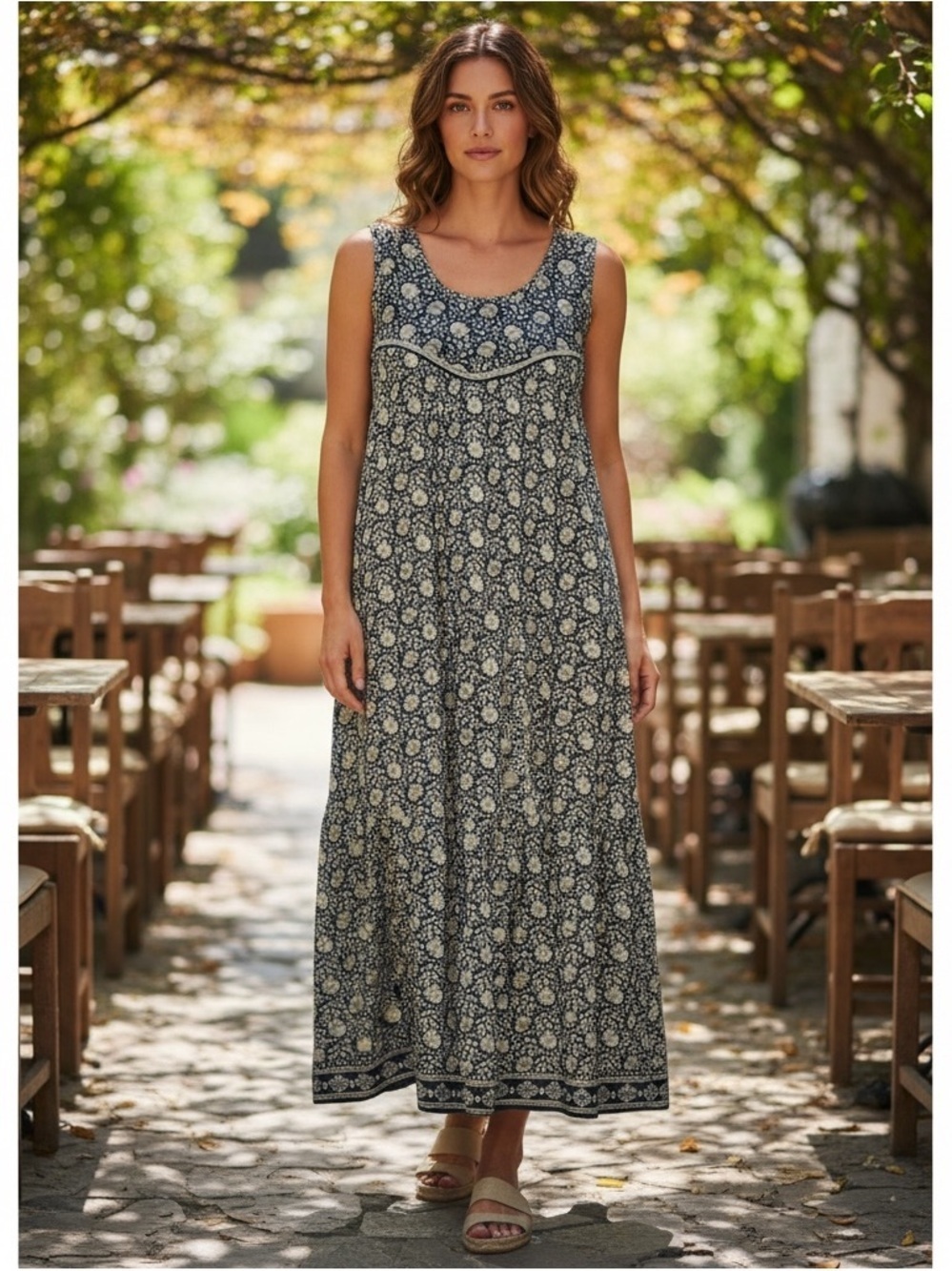 MAX STUDIO Couper Cut Sleeveless Maxi Dress Floral Print Blue Size Medium
